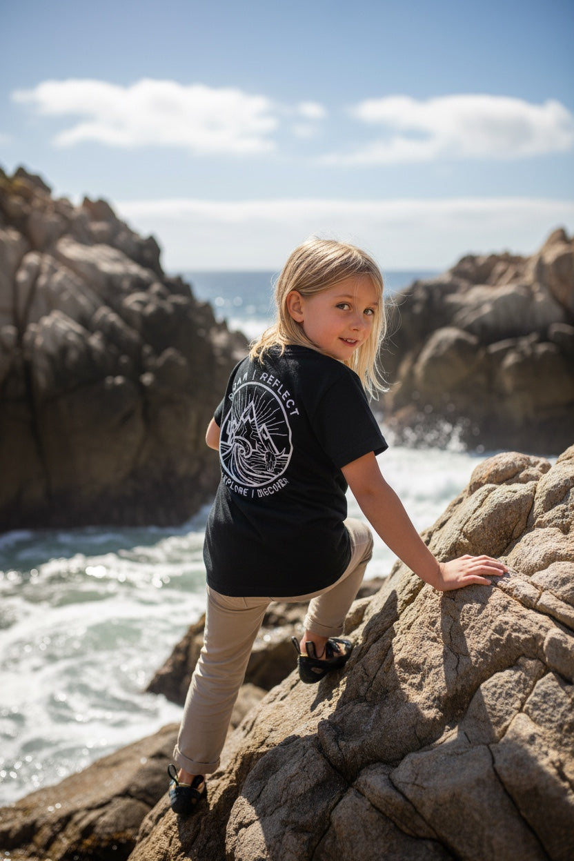 Roam | Reflect Explore Discover Kids Tee – Adventure Emblem Shirt (Black, Front & Back Print)
