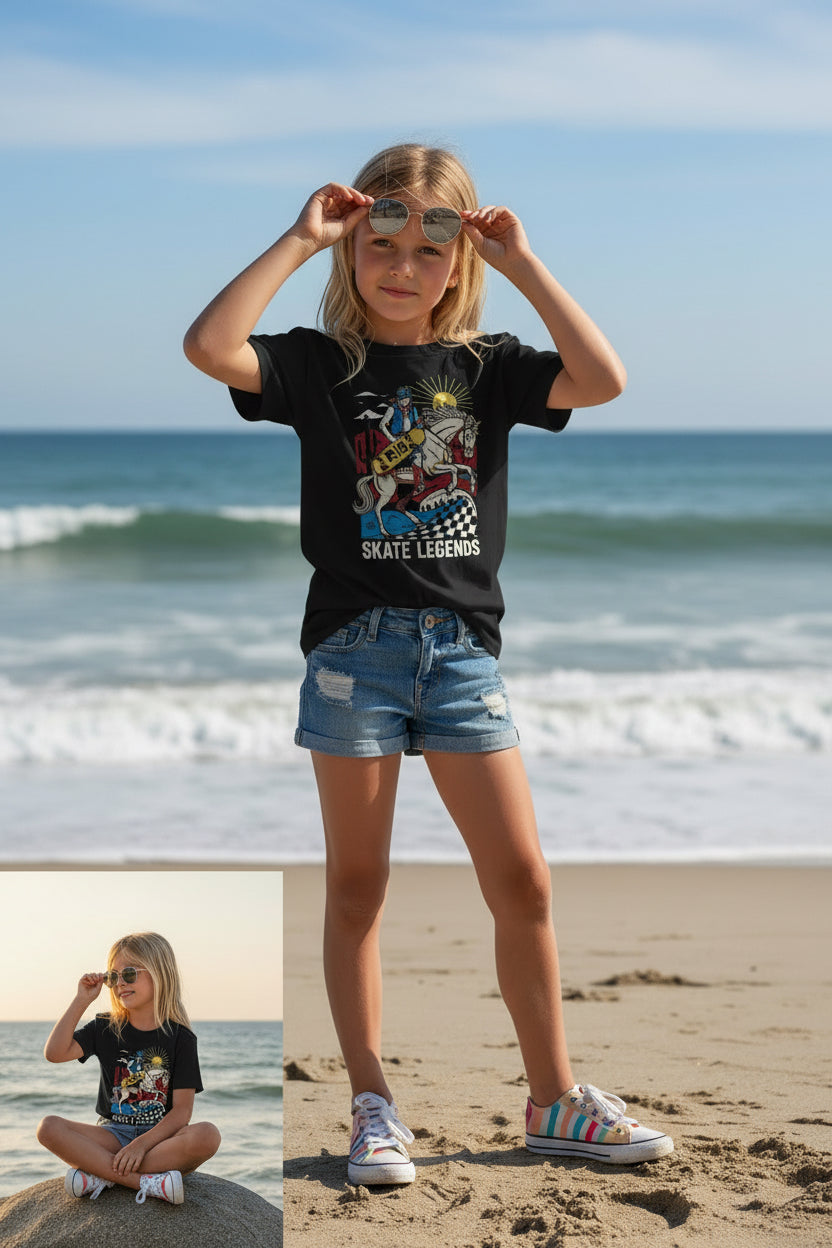 Skate Legends Kids Graphic Tee – Retro Western Skateboard Shirt for Boys & Girls