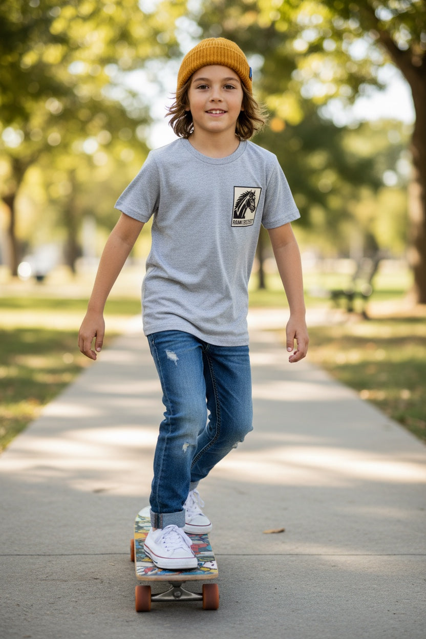 Roam | Reflect Skate Ranch Kids Tee – Western Skate Adventure Shirt (Heather Gray)