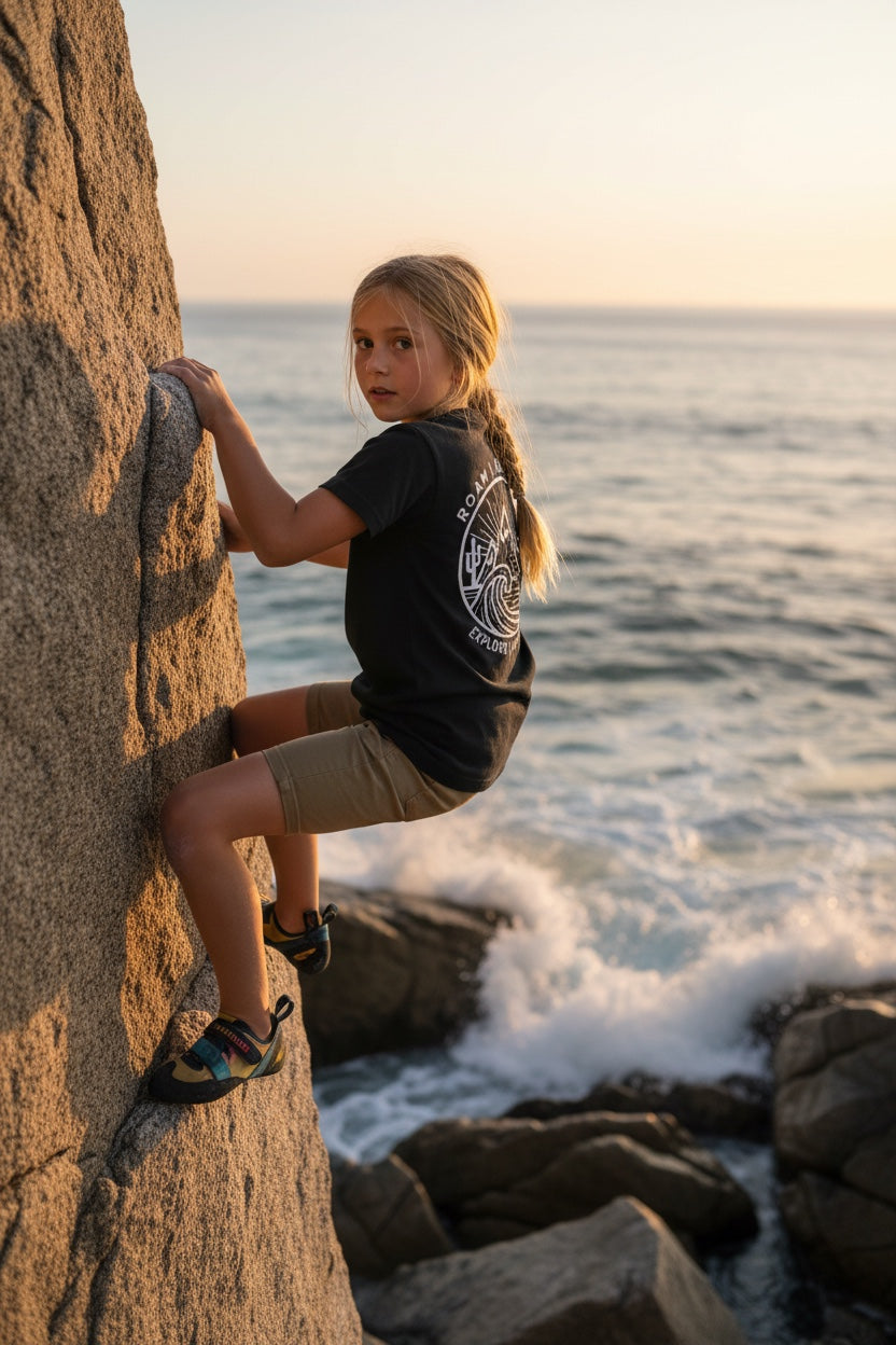 Roam | Reflect Explore Discover Kids Tee – Adventure Emblem Shirt (Black, Front & Back Print)