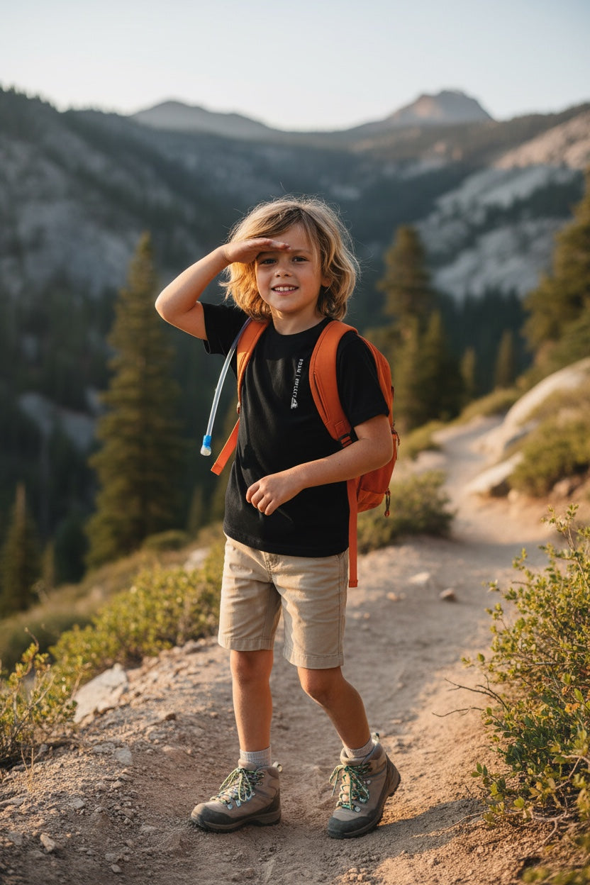 Roam | Reflect Explore Discover Kids Tee – Adventure Emblem Shirt (Black, Front & Back Print)