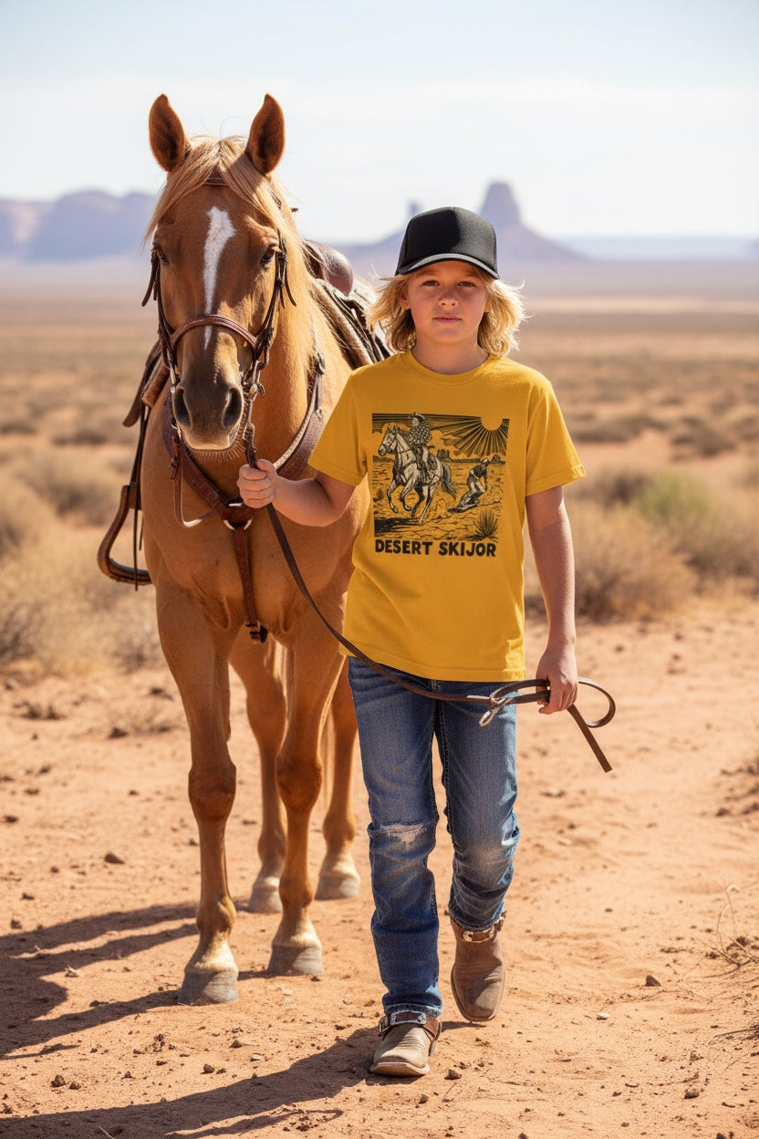 Desert Skijor Kids Graphic Tee- Retro Western Skate Shirt for Boys & Girls