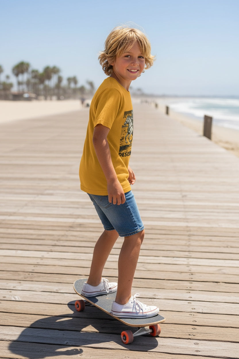 Desert Skijor Kids Graphic Tee- Retro Western Skate Shirt for Boys & Girls