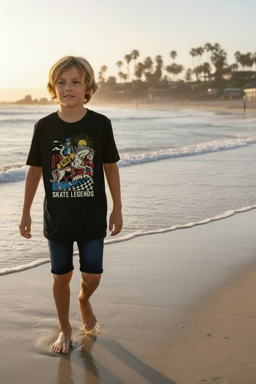 Skate Legends Kids Graphic Tee – Retro Western Skateboard Shirt for Boys & Girls
